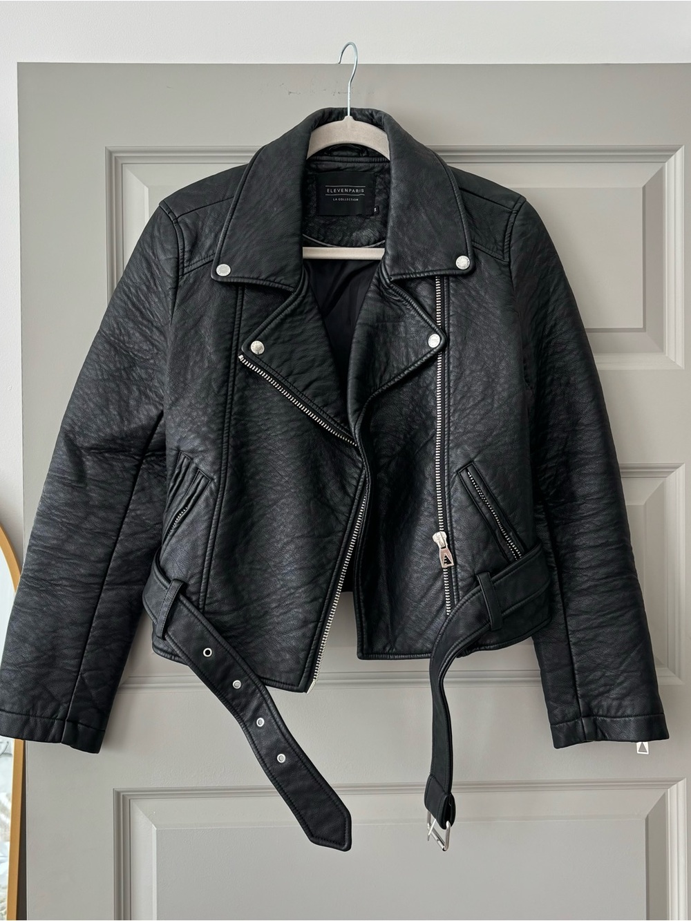 Black Faux Leather Moto Jacket with Belt by Eleven Paris
